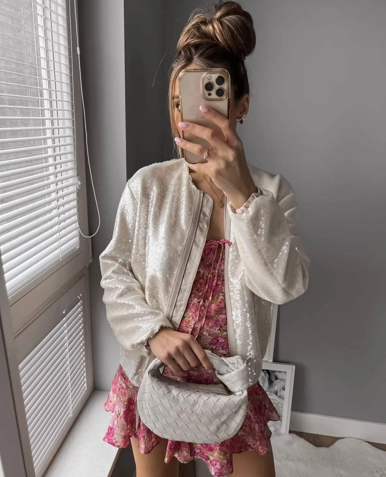 Sequin Long Sleeves Round Neck Women Daily Jacket SH8450 - SWEETKAMA