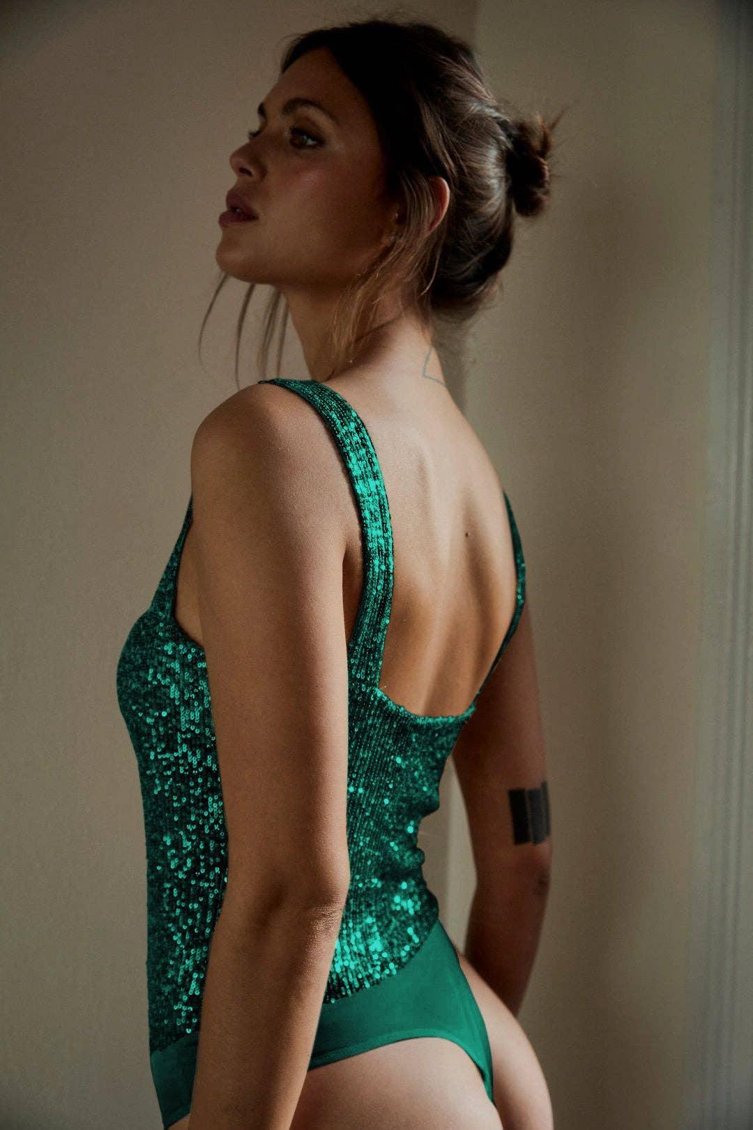 Sequin Sparkly Sleeveless Deep V-Neck Bodysuit EKDB - SWEETKAMA