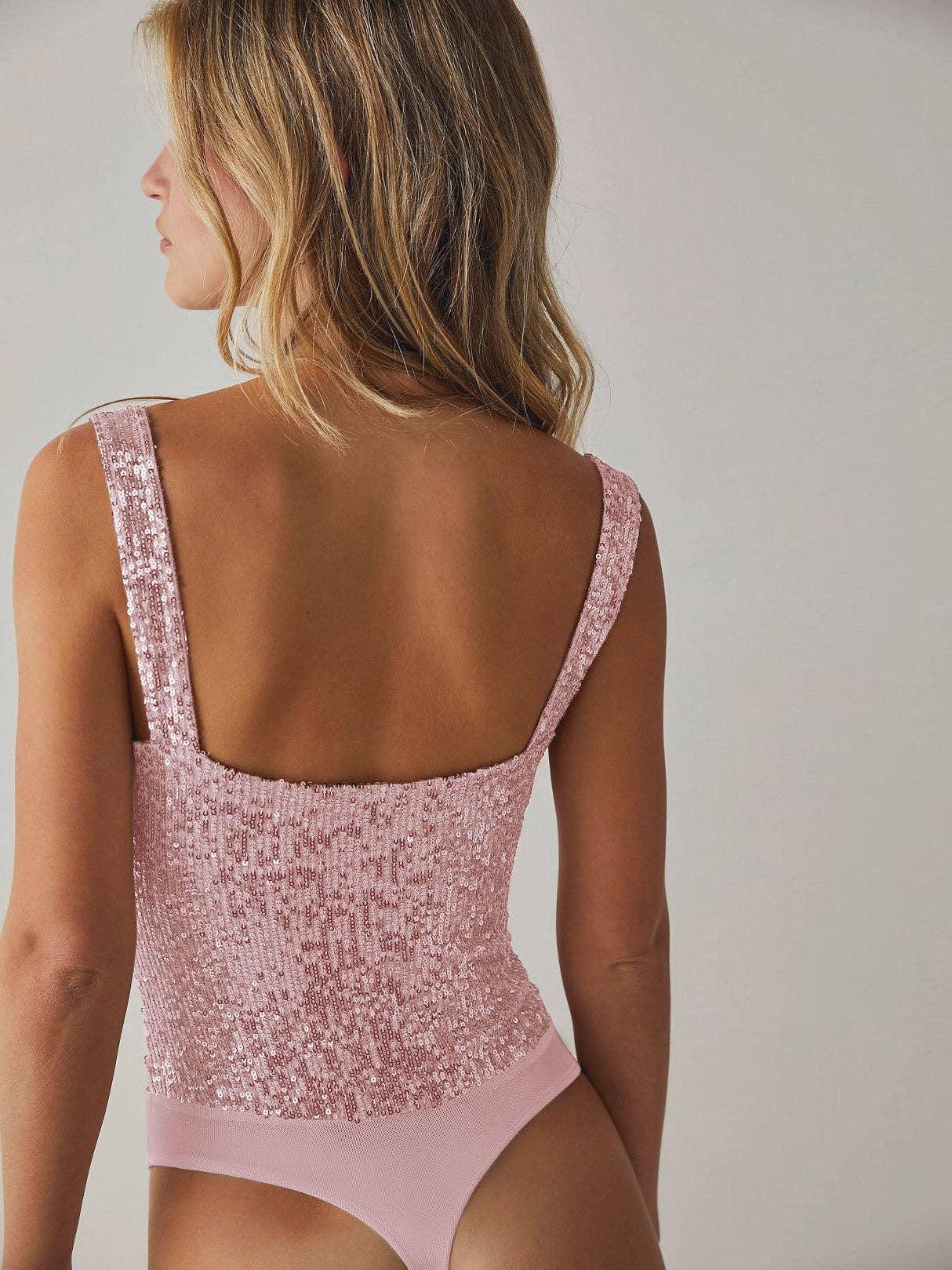 Sequin Sparkly Sleeveless Deep V-Neck Bodysuit EKDB - SWEETKAMA