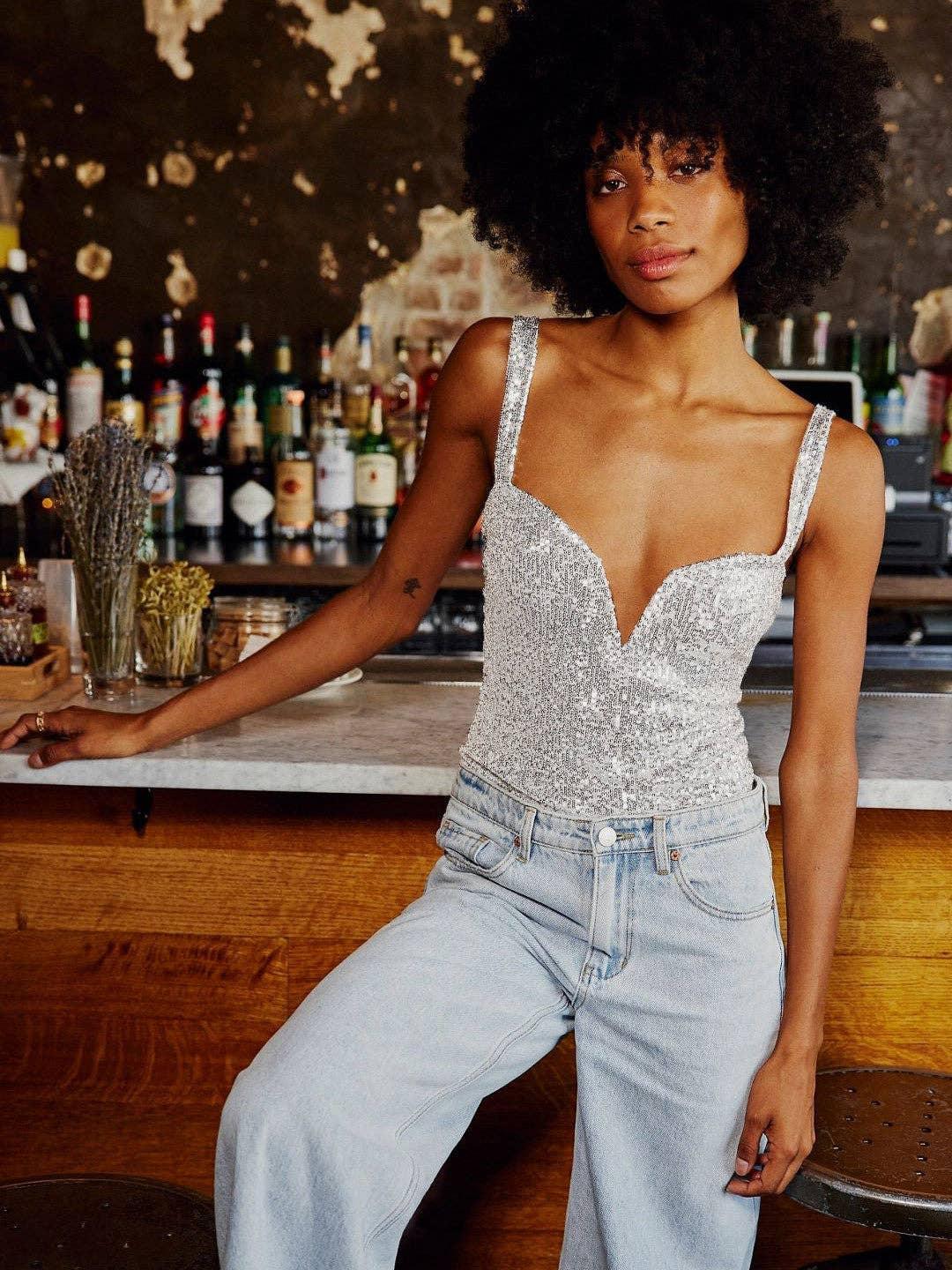 Sequin Sparkly Sleeveless Deep V-Neck Bodysuit EKDB - SWEETKAMA