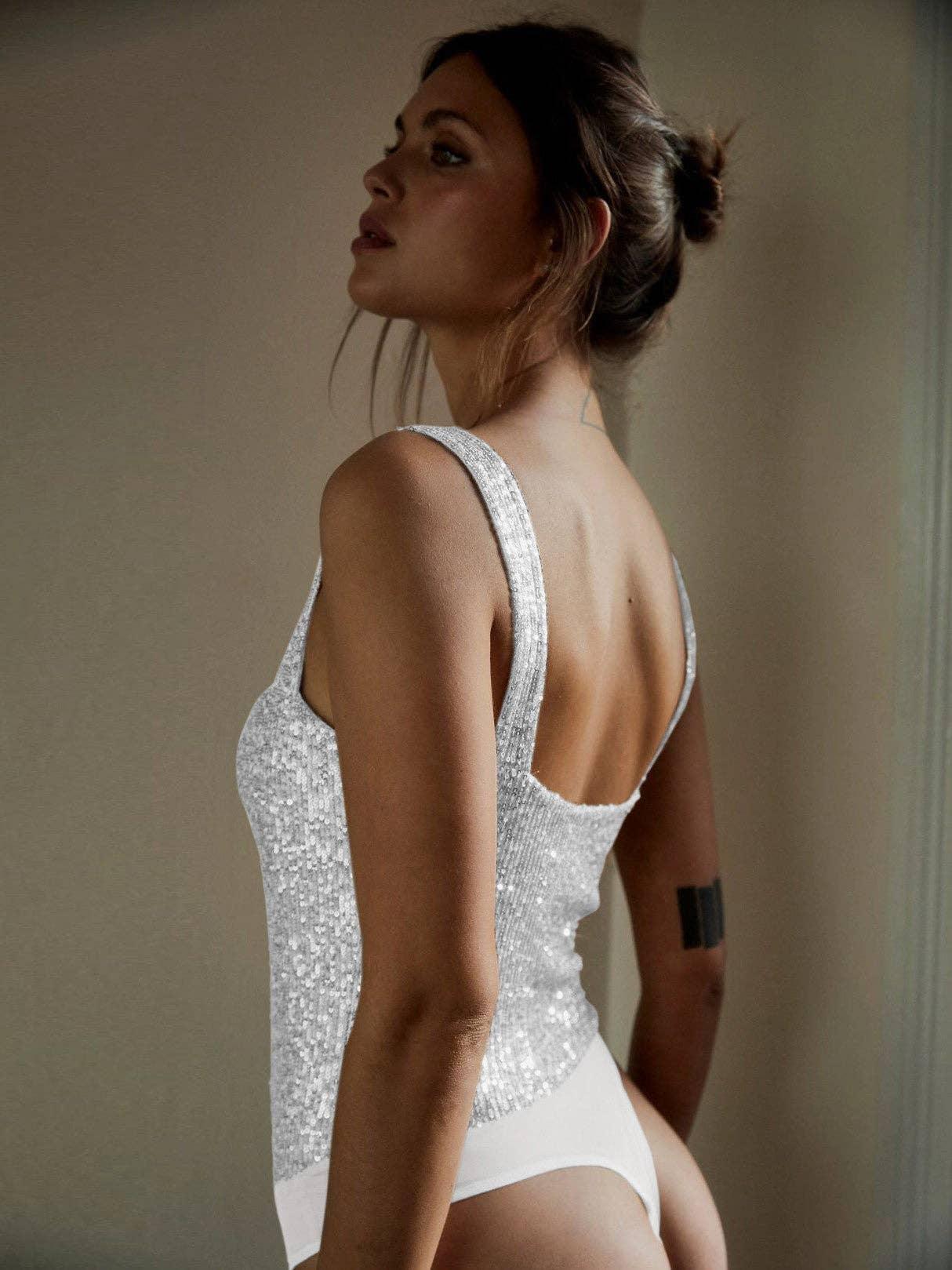 Sequin Sparkly Sleeveless Deep V-Neck Bodysuit EKDB - SWEETKAMA