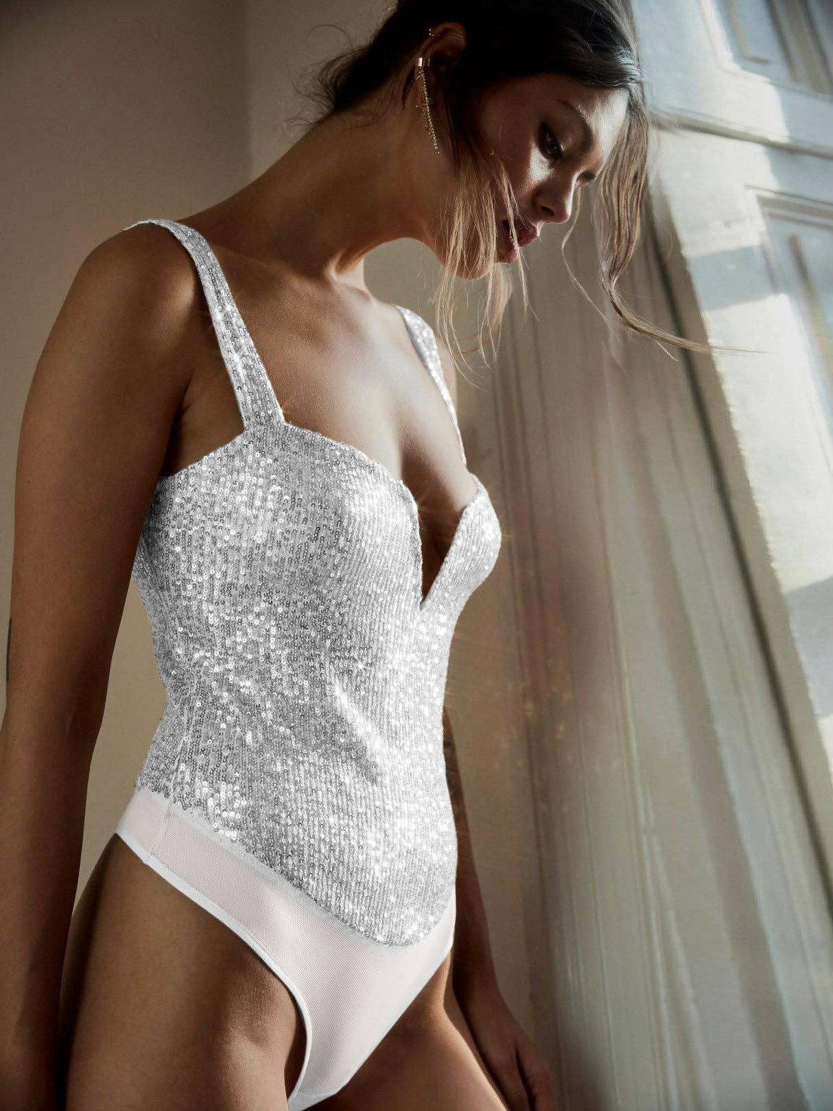 Sequin Sparkly Sleeveless Deep V-Neck Bodysuit EKDB - SWEETKAMA