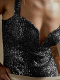 Sequin Sparkly Sleeveless Deep V-Neck Bodysuit EKDB - SWEETKAMA