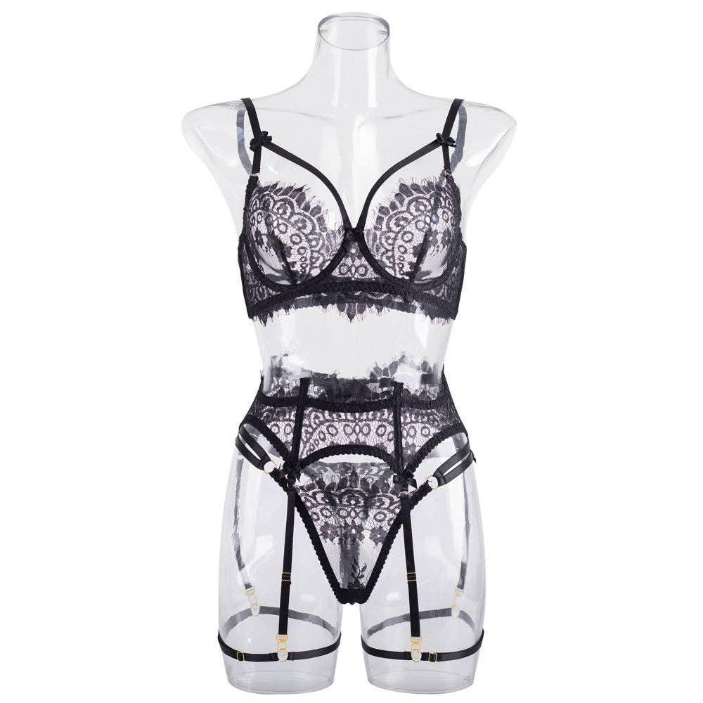 Sexy Lace Cut Out Lingerie Set with Garter Belt LS1507 - SWEETKAMA
