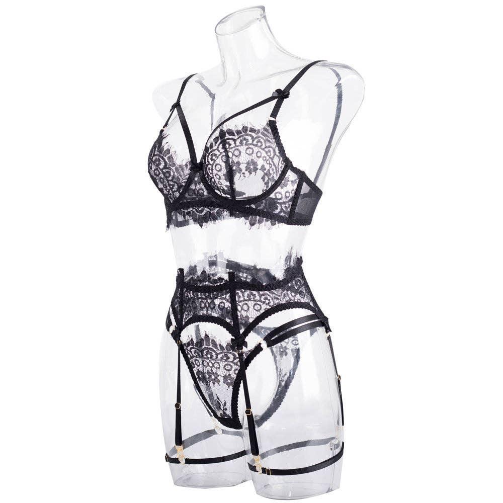 Sexy Lace Cut Out Lingerie Set with Garter Belt LS1507 - SWEETKAMA