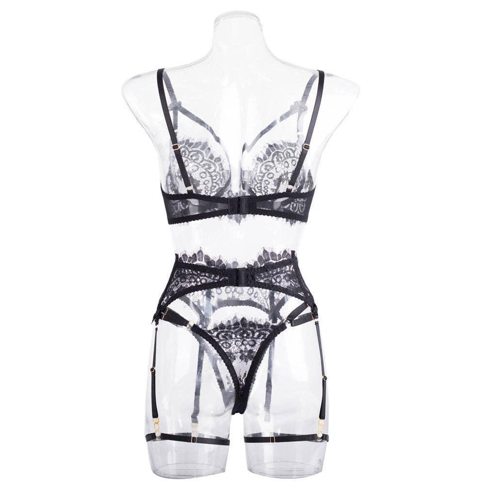 Sexy Lace Cut Out Lingerie Set with Garter Belt LS1507 - SWEETKAMA