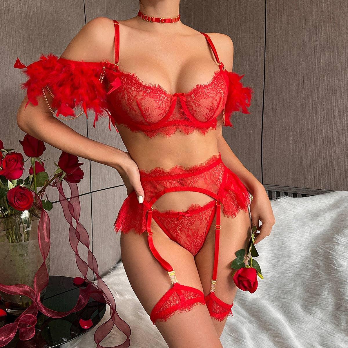 Sexy Lace Feather Lingerie Set with Garter Belt 2888 - SWEETKAMA