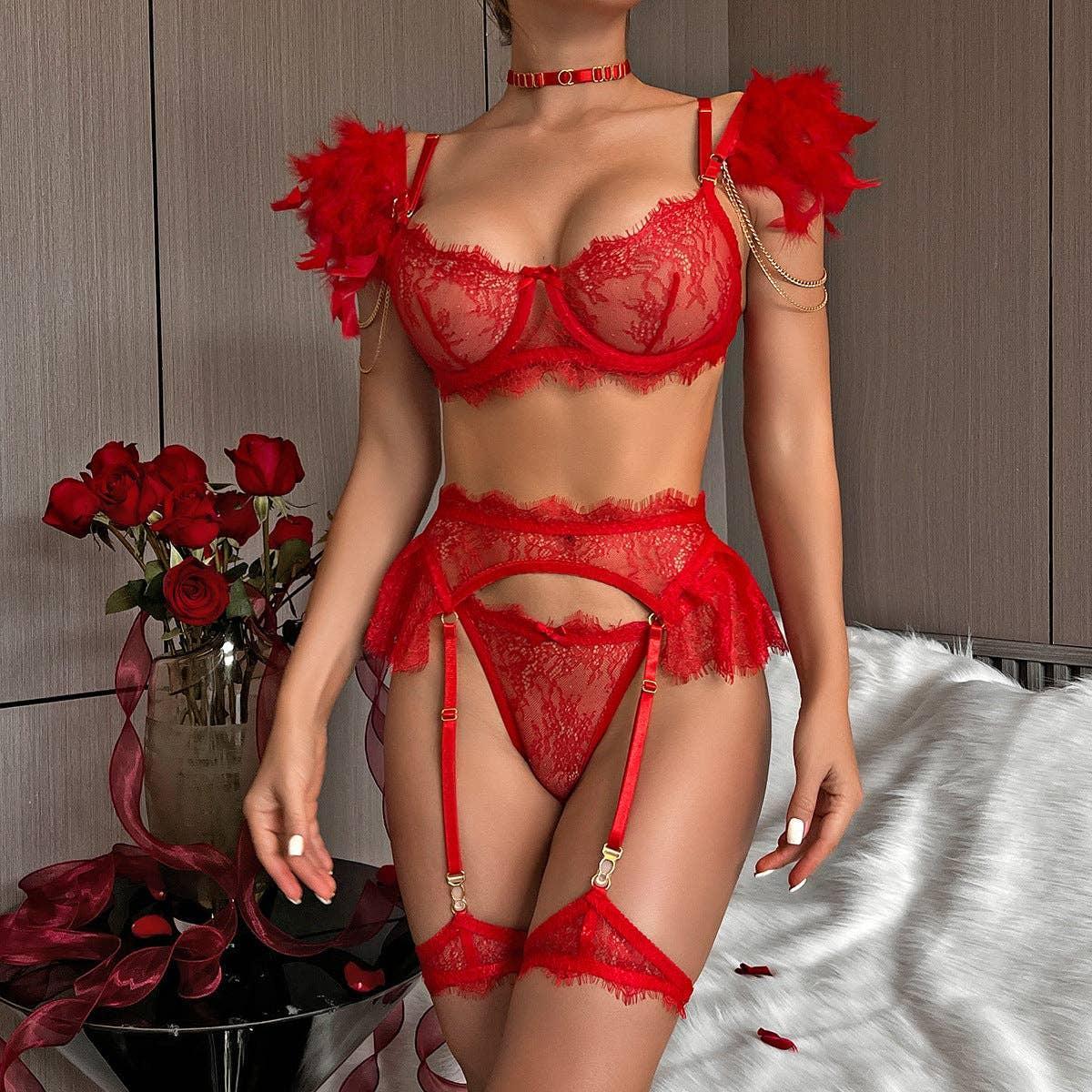 Sexy Lace Feather Lingerie Set with Garter Belt 2888 - SWEETKAMA