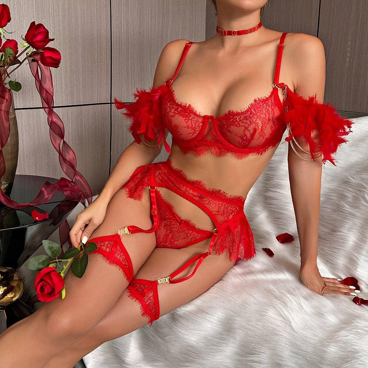 Sexy Lace Feather Lingerie Set with Garter Belt 2888 - SWEETKAMA