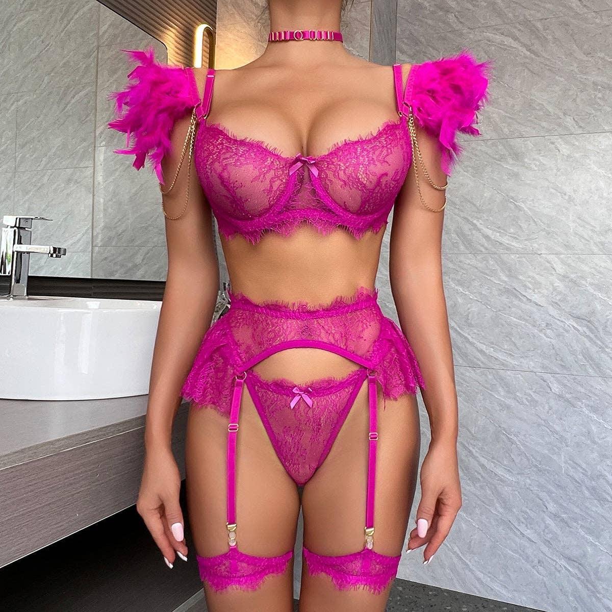 Sexy Lace Feather Lingerie Set with Garter Belt 2888 - SWEETKAMA