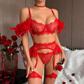 Sexy Lace Feather Lingerie Set with Garter Belt 2888 - SWEETKAMA