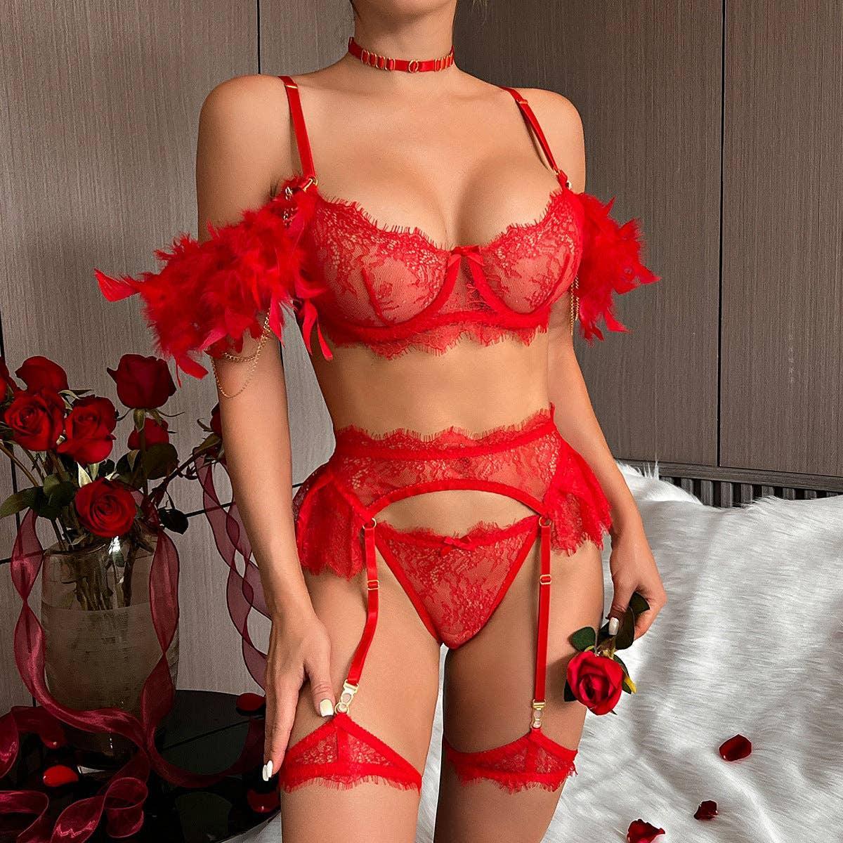 Sexy Lace Feather Lingerie Set with Garter Belt 2888 - SWEETKAMA