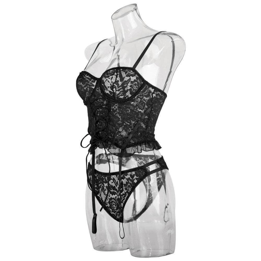 Sexy Solid Color Lace Lingerie Set with Garter YH0283 - SWEETKAMA