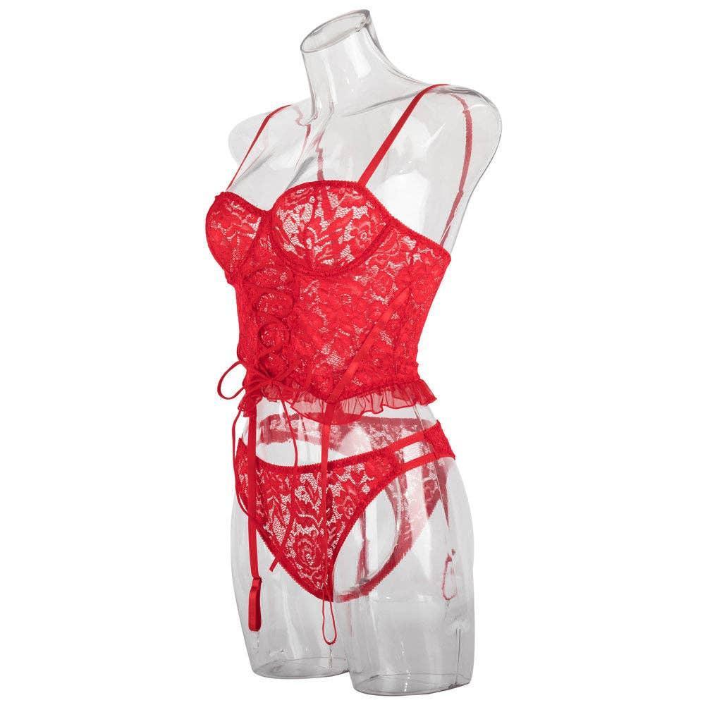 Sexy Solid Color Lace Lingerie Set with Garter YH0283 - SWEETKAMA