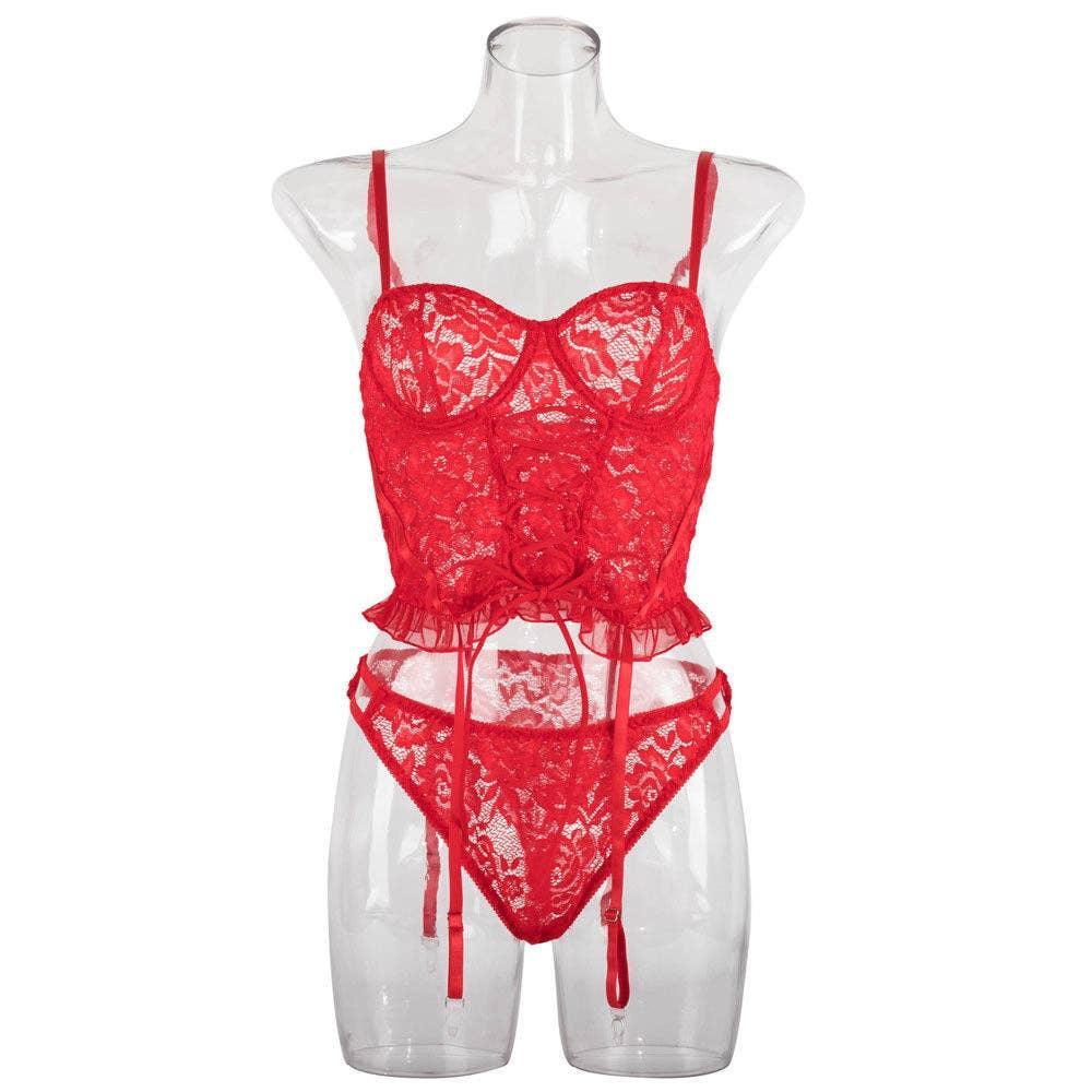 Sexy Solid Color Lace Lingerie Set with Garter YH0283 - SWEETKAMA