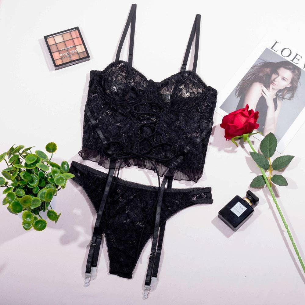 Sexy Solid Color Lace Lingerie Set with Garter YH0283 - SWEETKAMA
