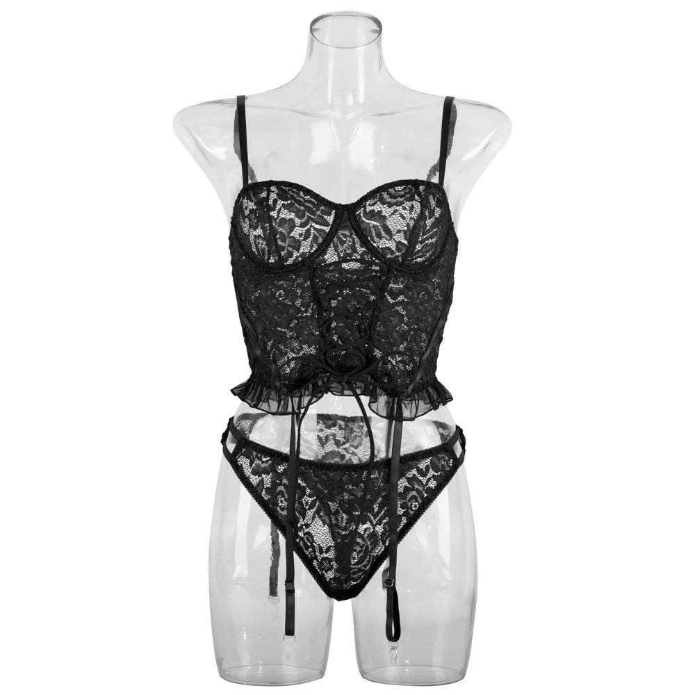 Sexy Solid Color Lace Lingerie Set with Garter YH0283 - SWEETKAMA