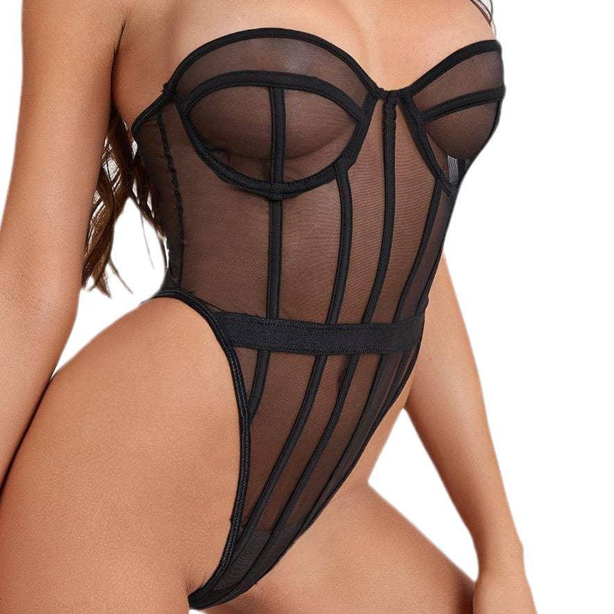 Sexy Solid Color See Sheer Back Hallow Out Teddy 0051 - SWEETKAMA