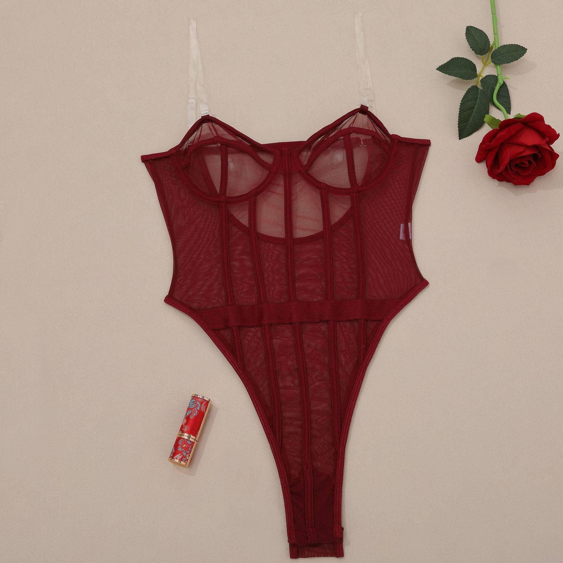 Sexy Solid Color See Sheer Back Hallow Out Teddy 0051 - SWEETKAMA