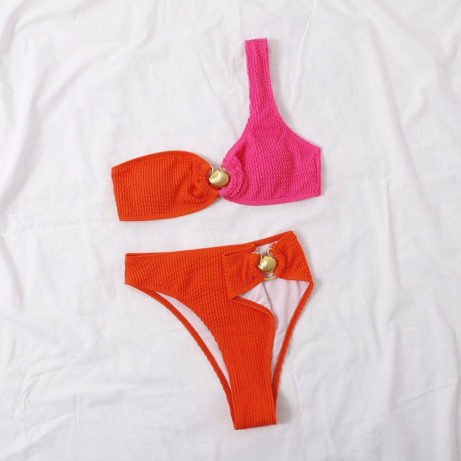 Shell Collection Wrinkle Color Block 2PCS Bikini Set Y66 - SWEETKAMA
