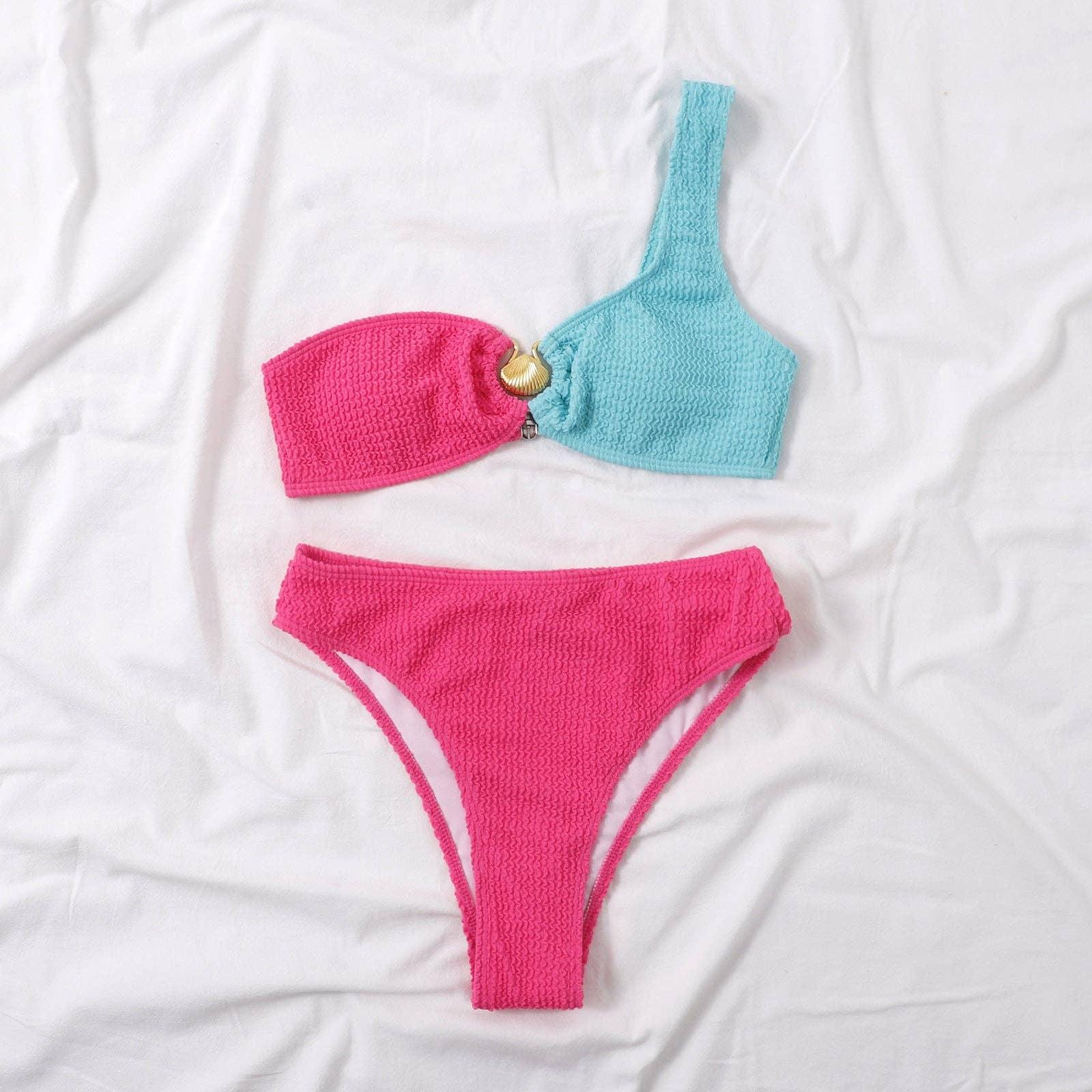 Shell Collection Wrinkle Color Block 2PCS Bikini Set Y66 - SWEETKAMA