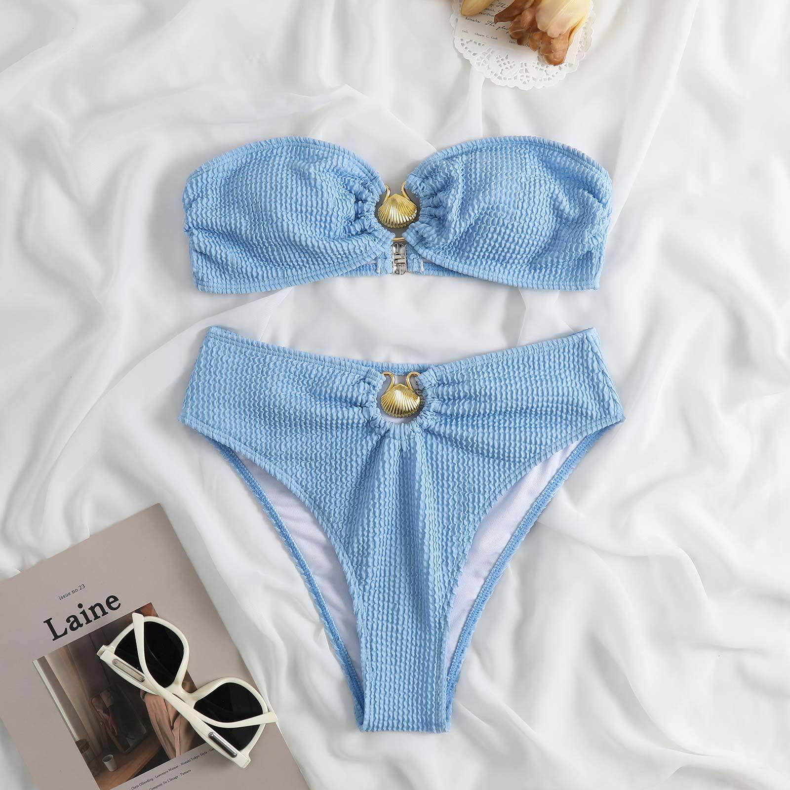 Shell Collection Wrinkle Solid Color 2PCS Bikini Set Y79 - SWEETKAMA