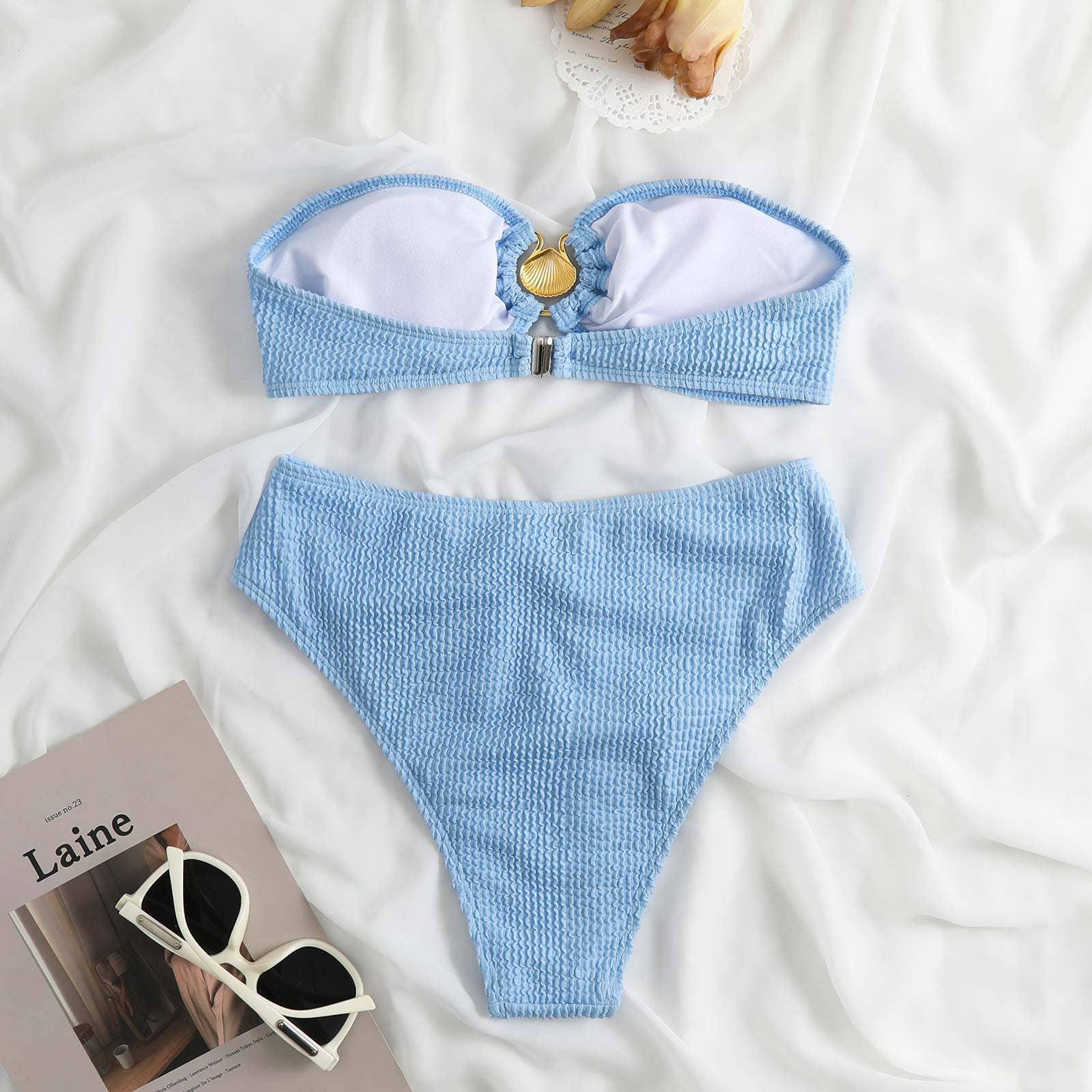 Shell Collection Wrinkle Solid Color 2PCS Bikini Set Y79 - SWEETKAMA