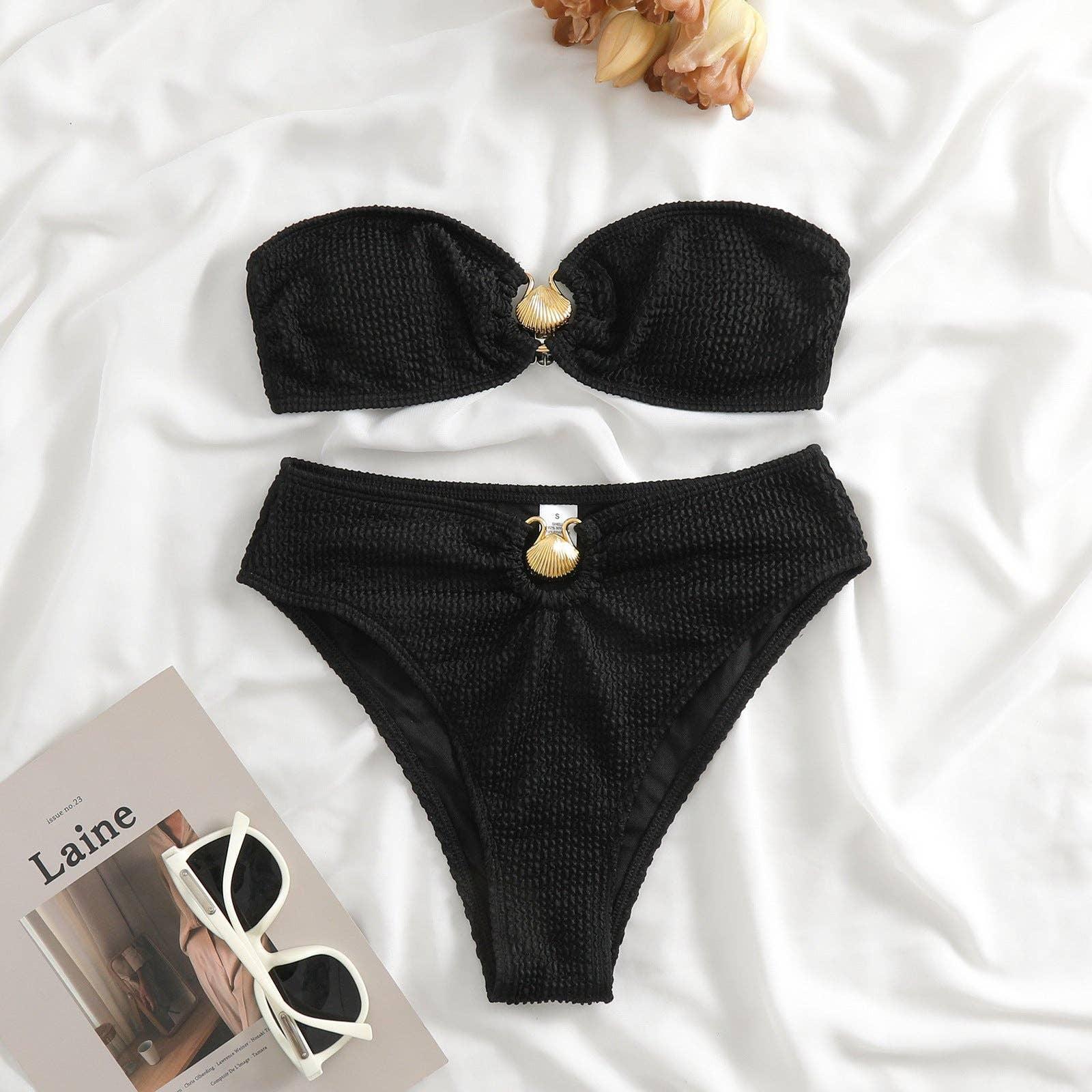 Shell Collection Wrinkle Solid Color 2PCS Bikini Set Y79 - SWEETKAMA