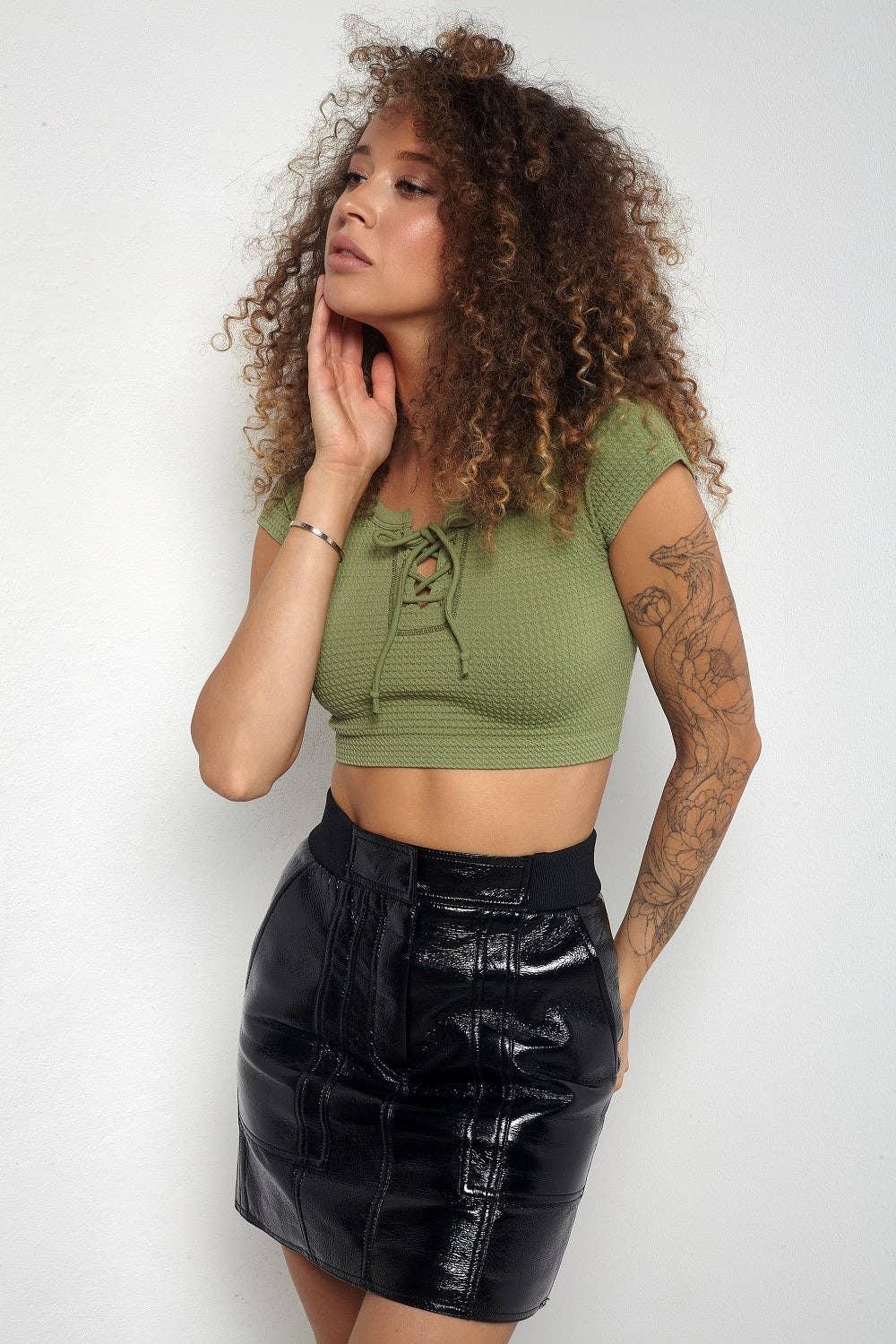 Short Sleeve Lace-up Crop Top SKT3009 - SWEETKAMA