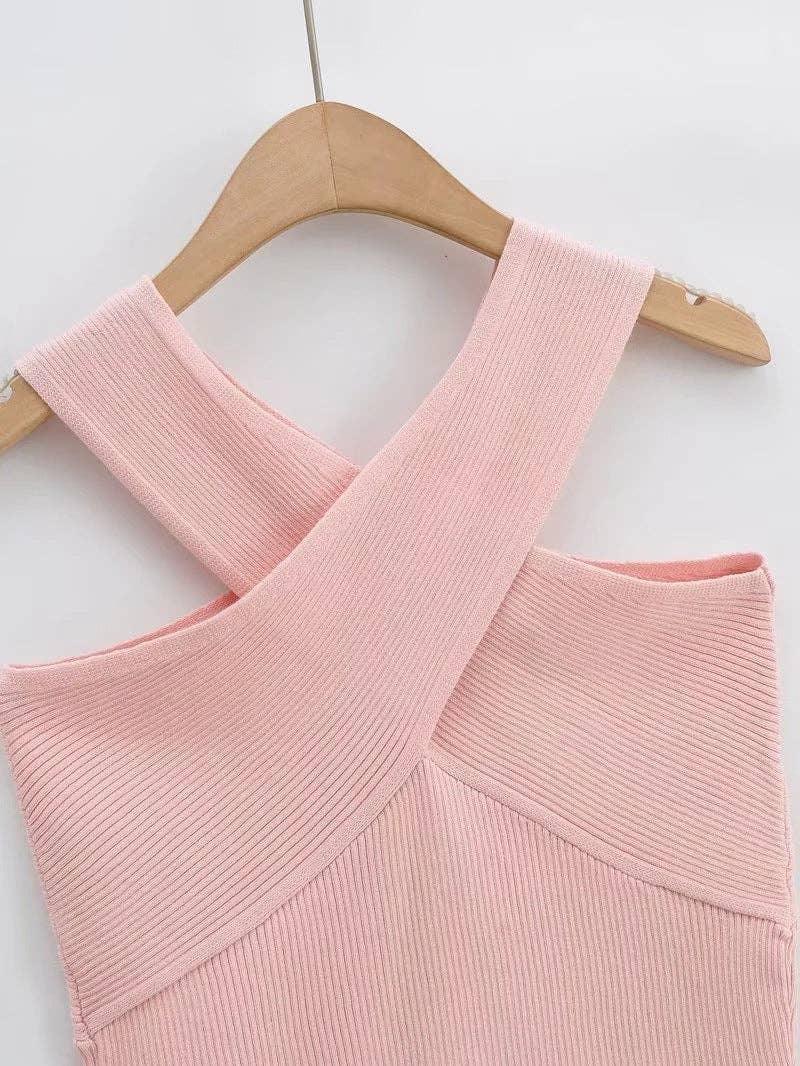 Solid Color Cross Sleeveless Daily Knit Top A9YS220875-9 - SWEETKAMA