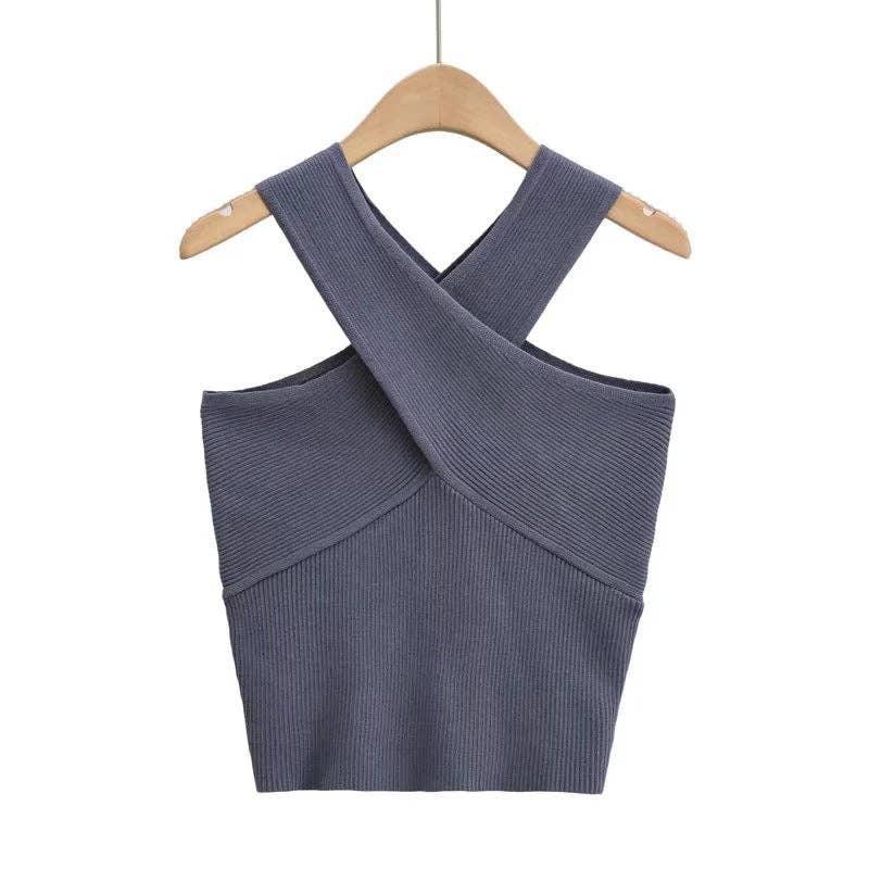 Solid Color Cross Sleeveless Daily Knit Top A9YS220875-9 - SWEETKAMA