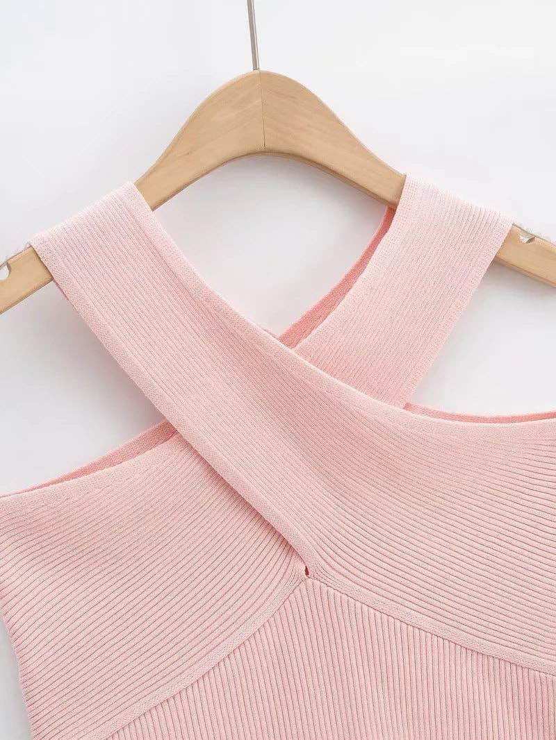 Solid Color Cross Sleeveless Daily Knit Top A9YS220875-9 - SWEETKAMA