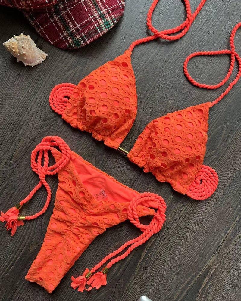 Solid Color Halter Micro Thong Triangle Bikini Set 8284 - SWEETKAMA