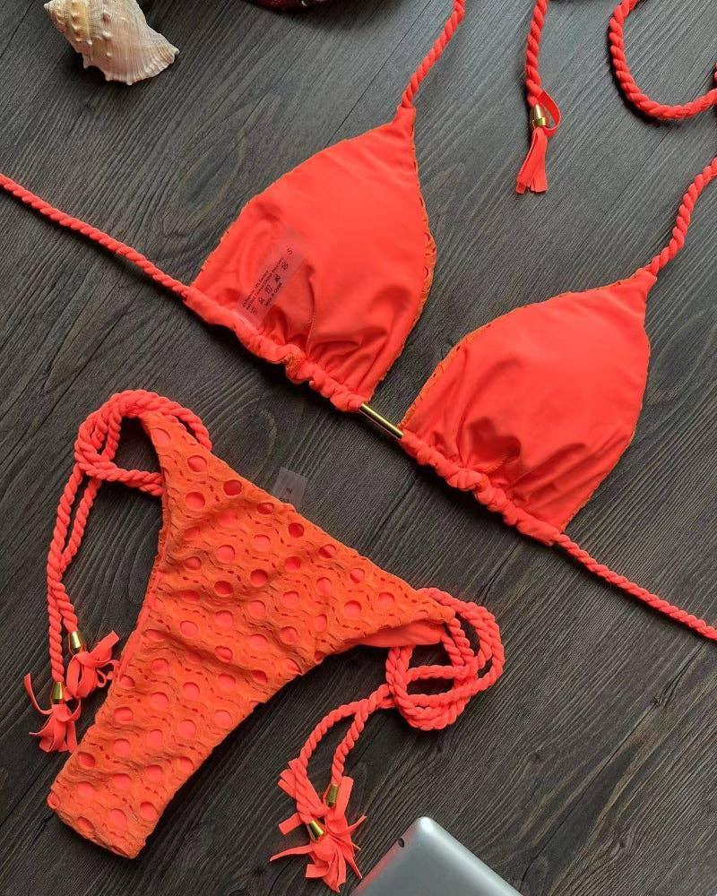 Solid Color Halter Micro Thong Triangle Bikini Set 8284 - SWEETKAMA