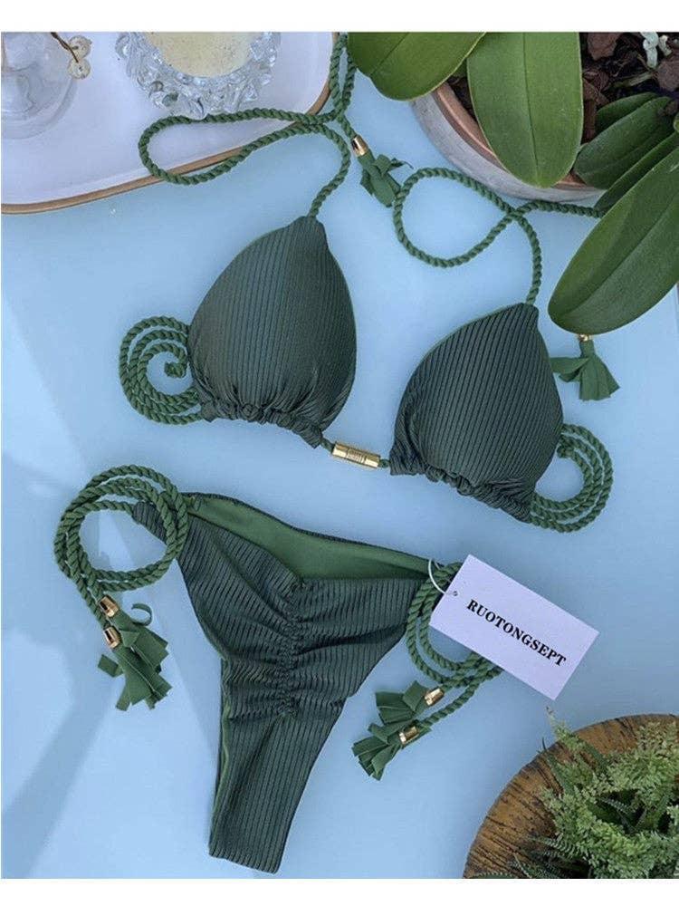 Solid Color Halter Micro Thong Triangle Bikini Set GY02 - SWEETKAMA