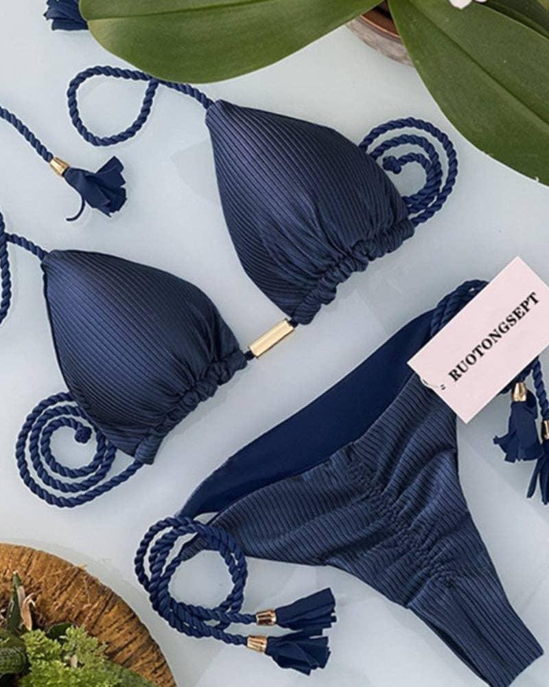Solid Color Halter Micro Thong Triangle Bikini Set GY02 - SWEETKAMA