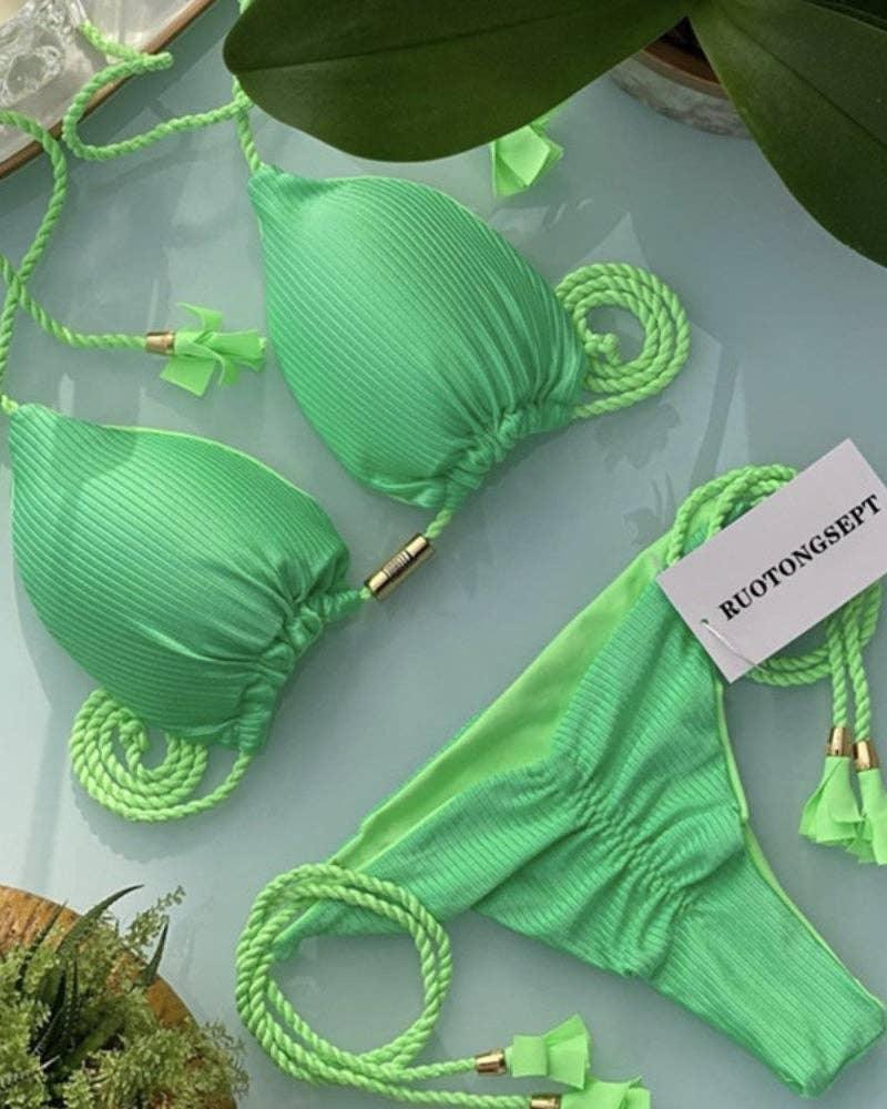 Solid Color Halter Micro Thong Triangle Bikini Set GY02 - SWEETKAMA
