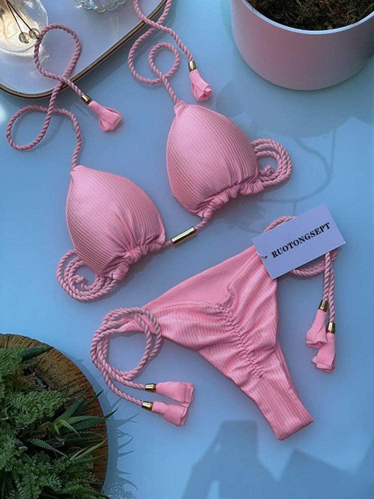 Solid Color Halter Micro Thong Triangle Bikini Set GY02 - SWEETKAMA