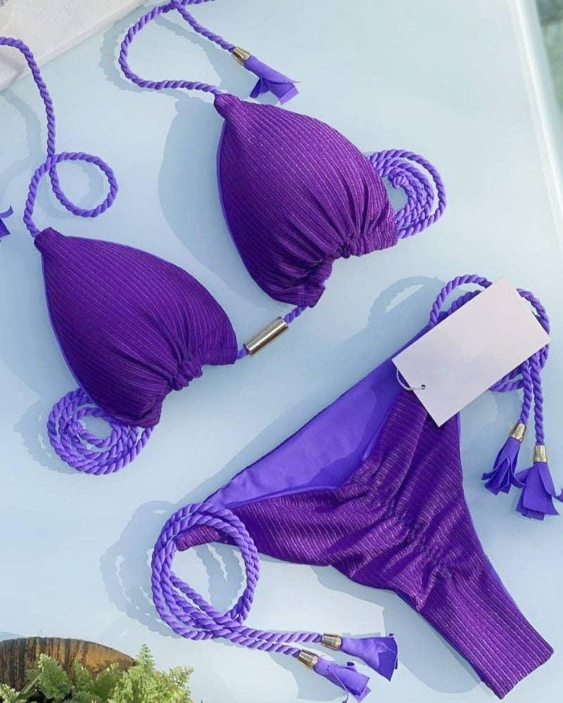 Solid Color Halter Micro Thong Triangle Bikini Set S05 - SWEETKAMA