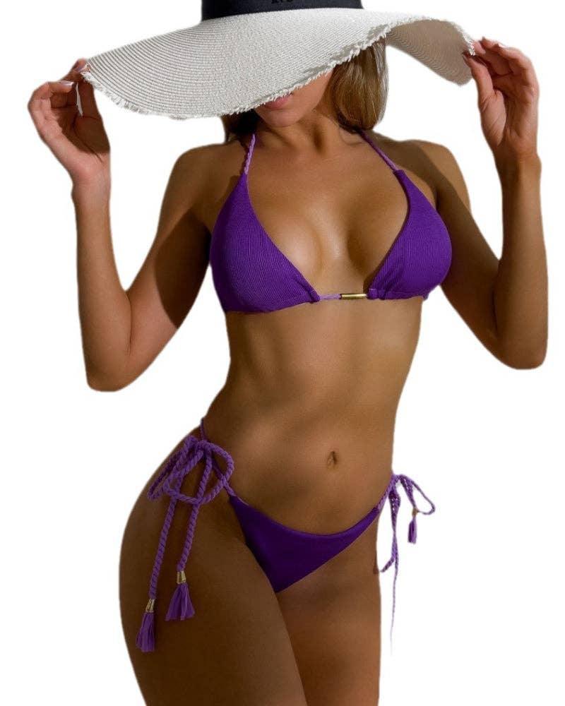 Solid Color Halter Micro Thong Triangle Bikini Set S05 - SWEETKAMA