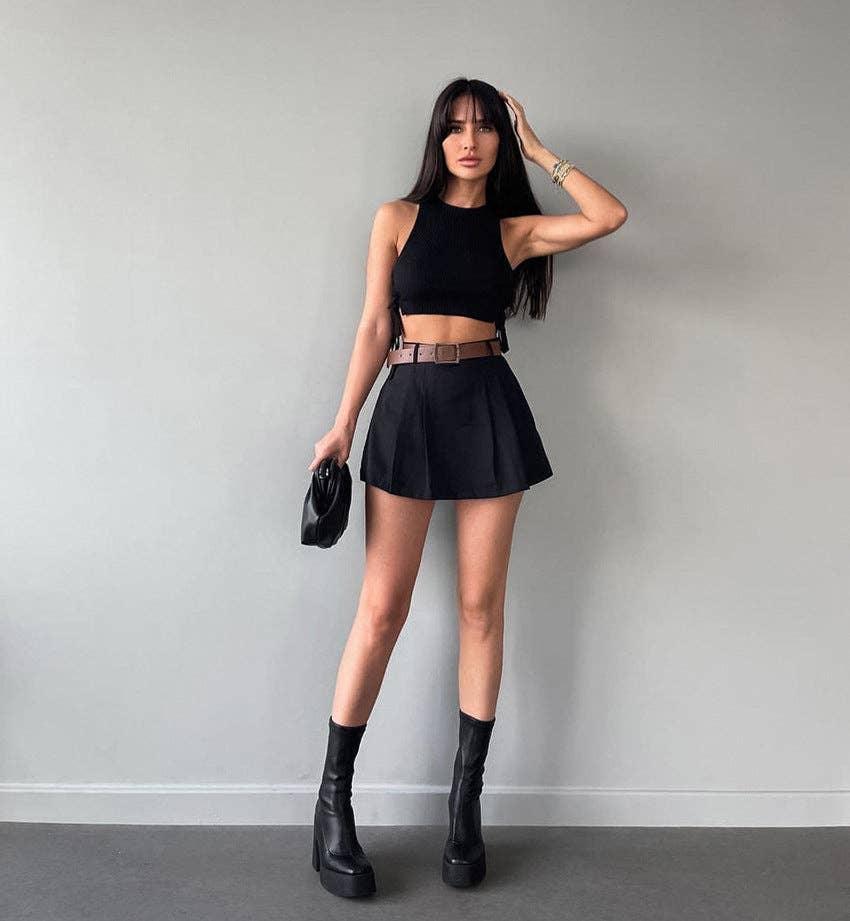 Solid Color High Waist Ladies Skorts KQ7026 - SWEETKAMA