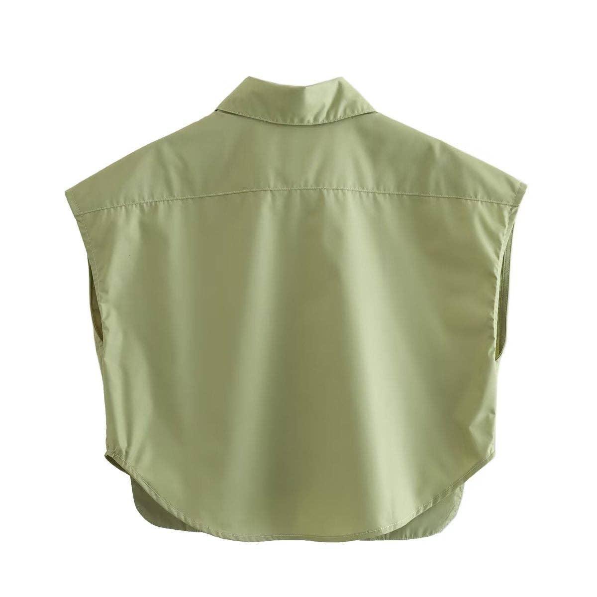 Solid Color Lapel Pockets Sleeveless Short Shirt 8BS968 - SWEETKAMA