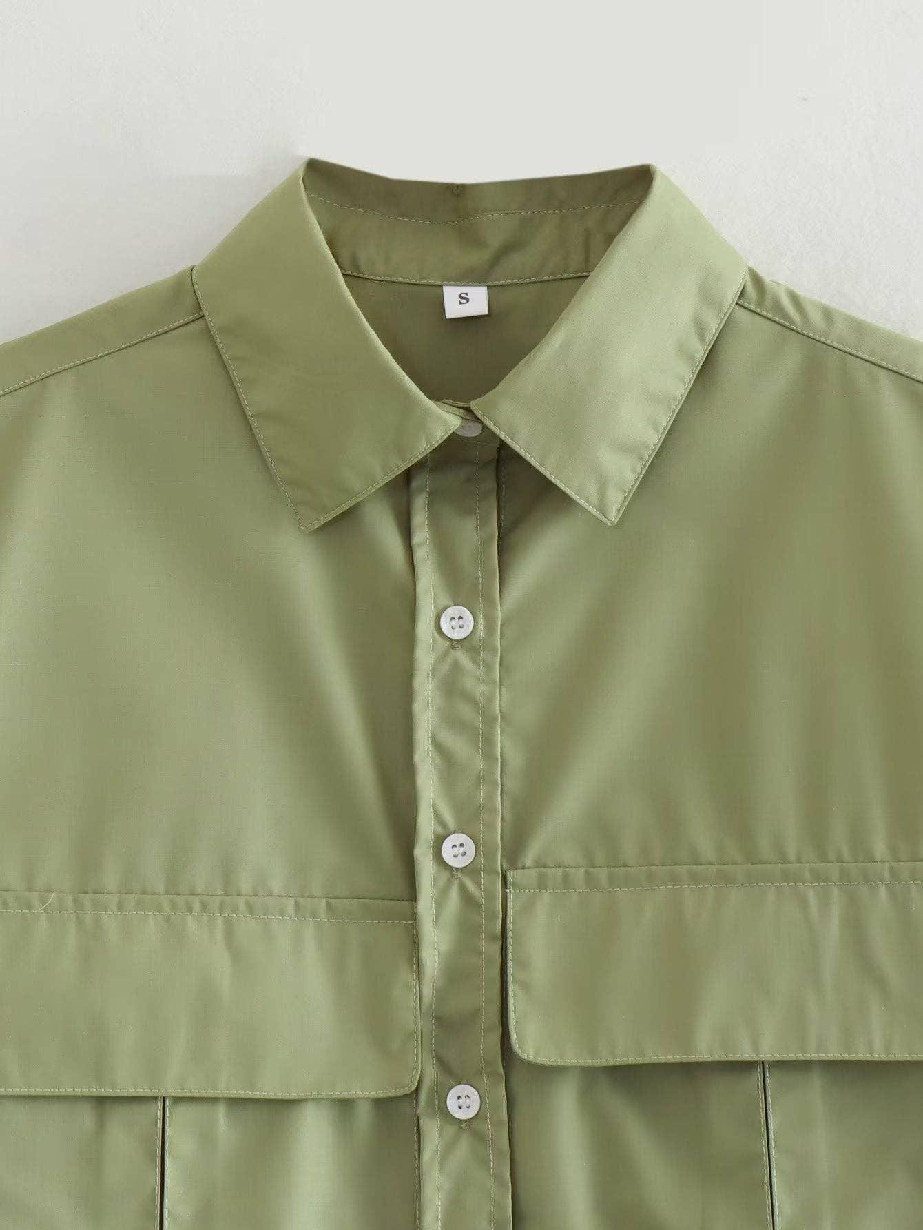 Solid Color Lapel Pockets Sleeveless Short Shirt 8BS968 - SWEETKAMA