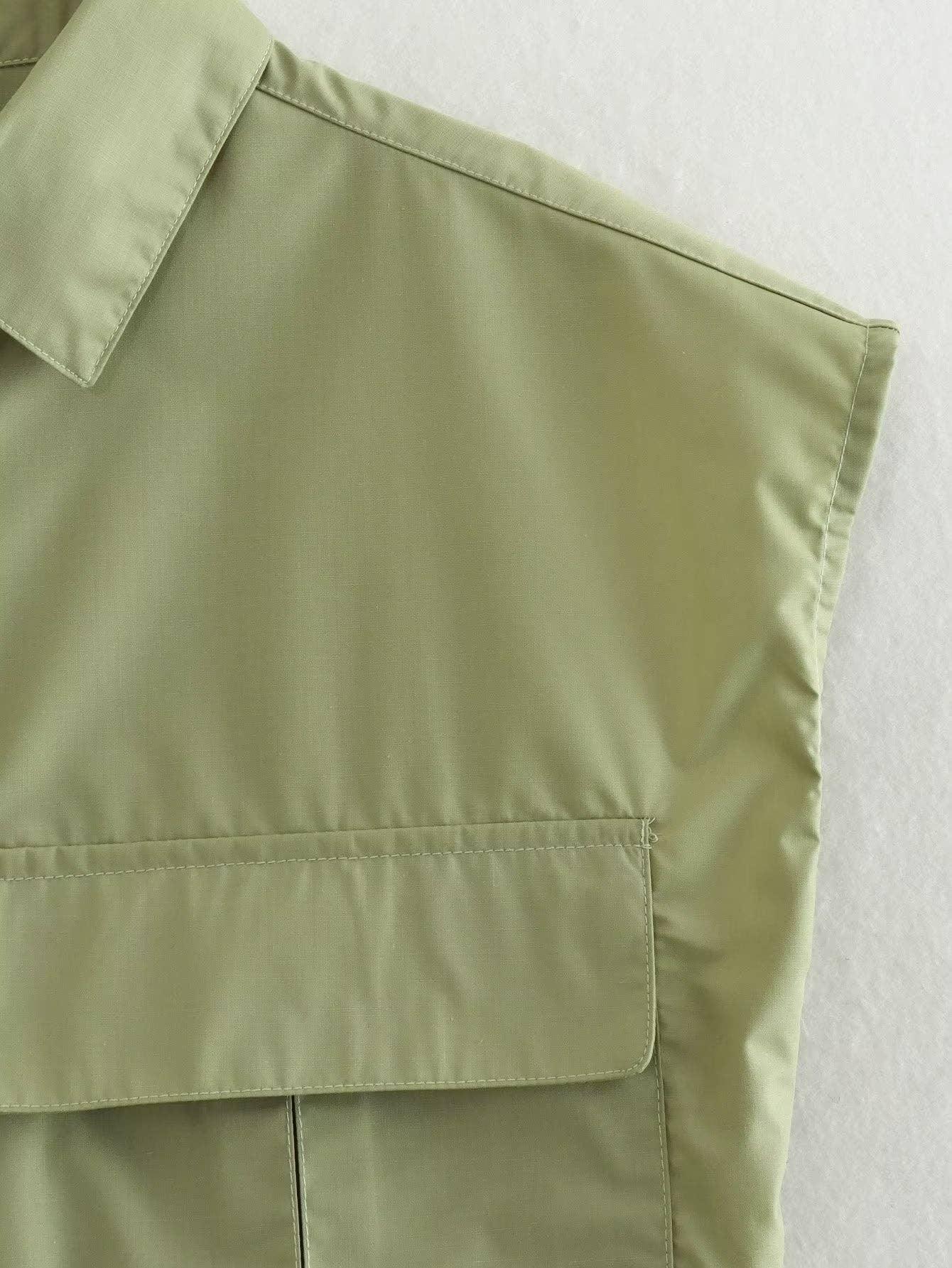 Solid Color Lapel Pockets Sleeveless Short Shirt 8BS968 - SWEETKAMA