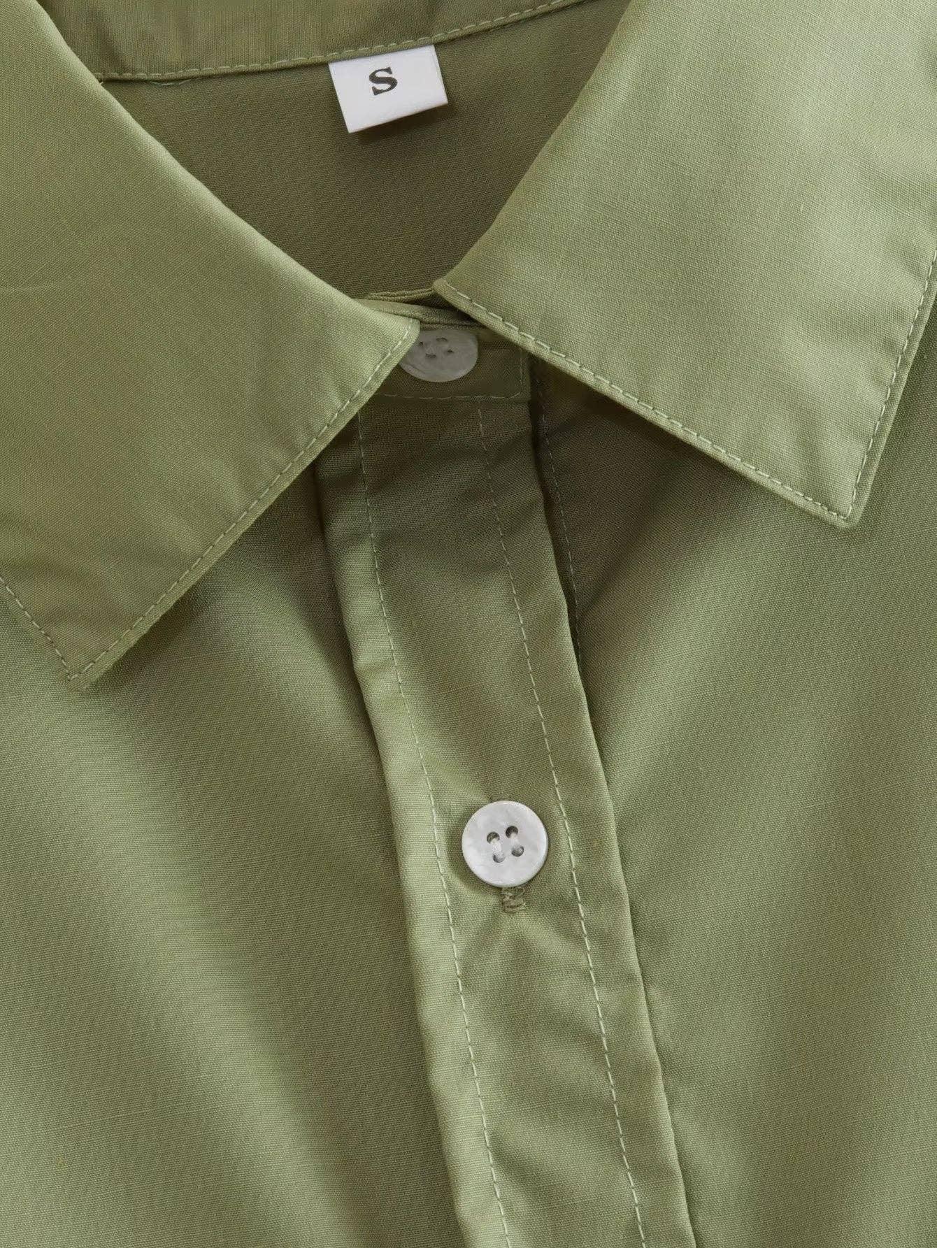 Solid Color Lapel Pockets Sleeveless Short Shirt 8BS968 - SWEETKAMA