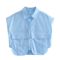 Solid Color Lapel Pockets Sleeveless Short Shirt 8BS968 - SWEETKAMA