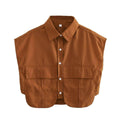 Solid Color Lapel Pockets Sleeveless Short Shirt 8BS968 - SWEETKAMA