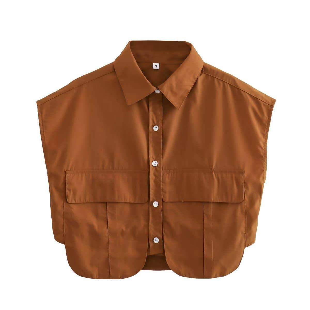 Solid Color Lapel Pockets Sleeveless Short Shirt 8BS968 - SWEETKAMA