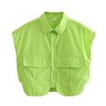 Solid Color Lapel Pockets Sleeveless Short Shirt 8BS968 - SWEETKAMA