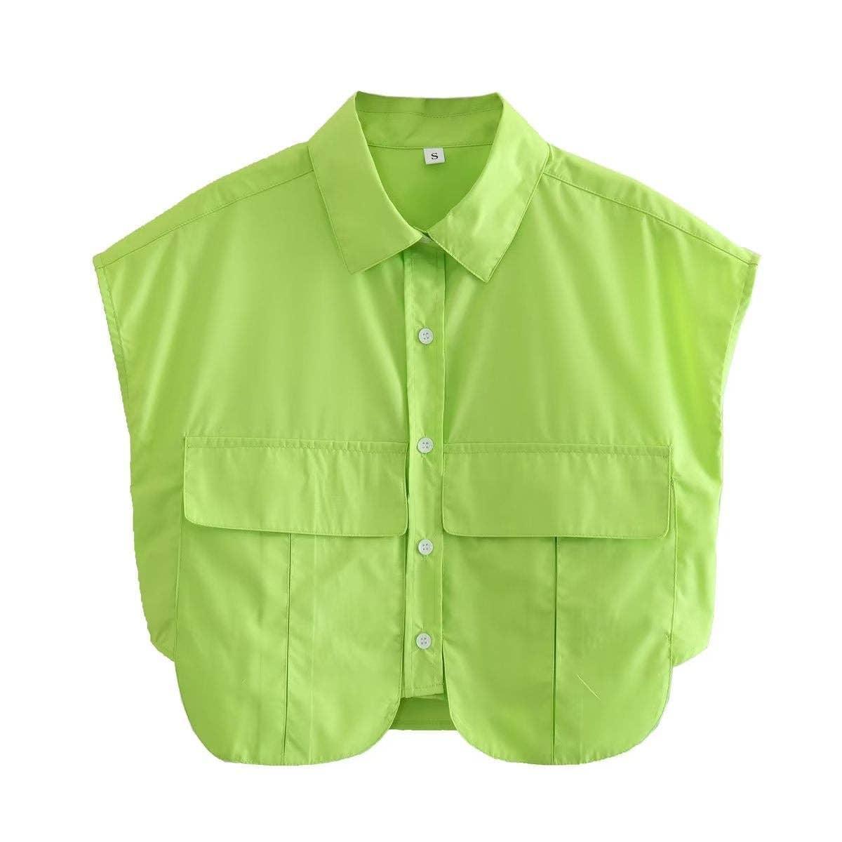 Solid Color Lapel Pockets Sleeveless Short Shirt 8BS968 - SWEETKAMA